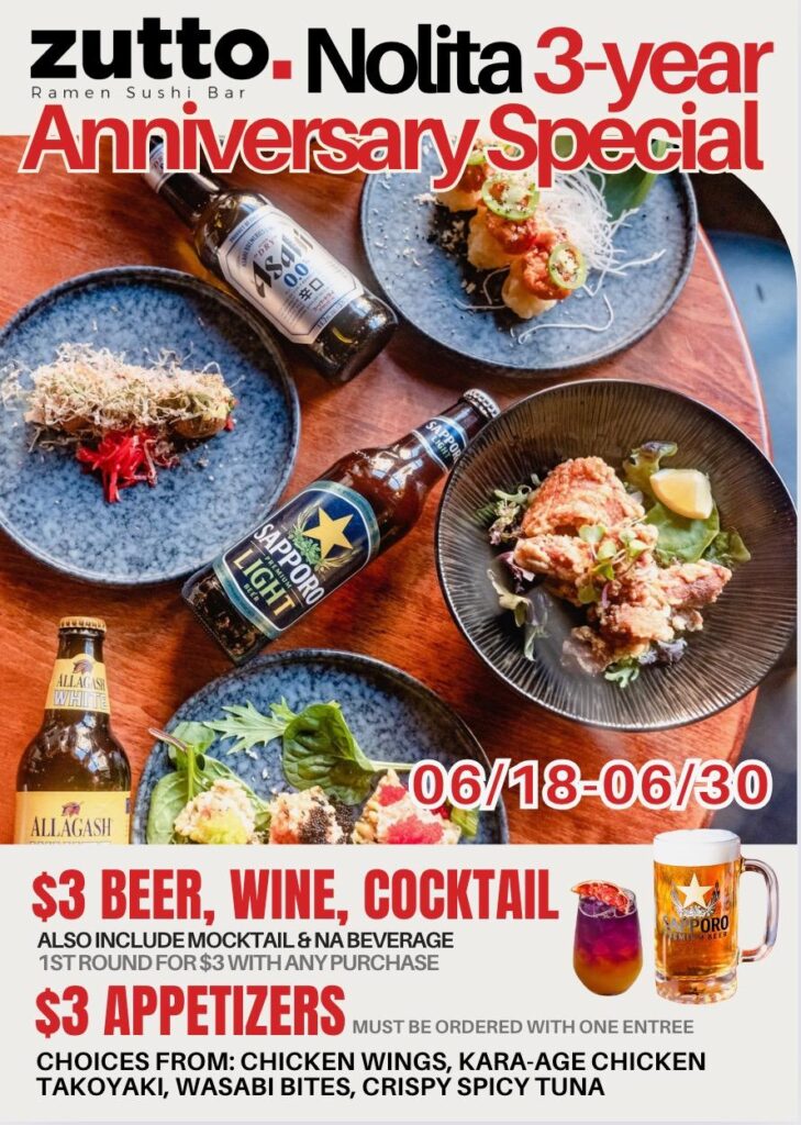 Nolita Japanese restaurant celebrates 3-year anniversary with $3 beer, wine, cocktails, and appetizers special.